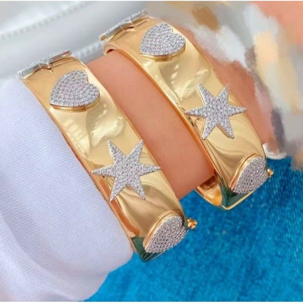⁠Gold Star Heart Cuff Bangle Bracelet Rhinestone Pave Statement Clasp Wristband